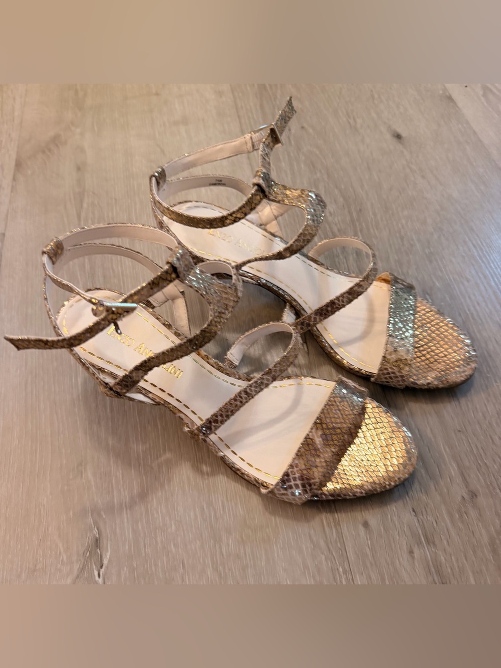 Enzo Angiolini Nyler Gold Snakeskin Strappy Heels Sandals Size 7.5M EUC